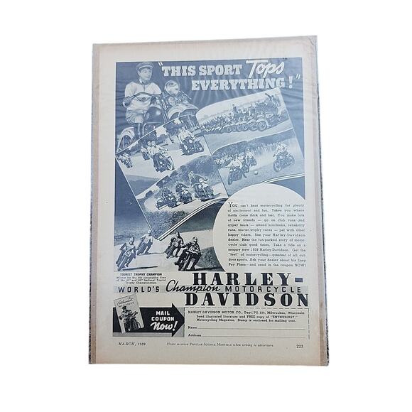1939 Harley Davidson *This Sport Tops Everything* Vintage Motorcycle Print AD - Picture 1 of 3